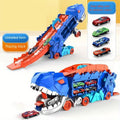 The transport dinosaur truck folds and slides 25 inches onto the track, turning four alloy buggies into standing Tyrannosaurus Quick Pick Grocers