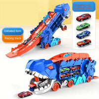 The transport dinosaur truck folds and slides 25 inches onto the track, turning four alloy buggies into standing Tyrannosaurus Quick Pick Grocers