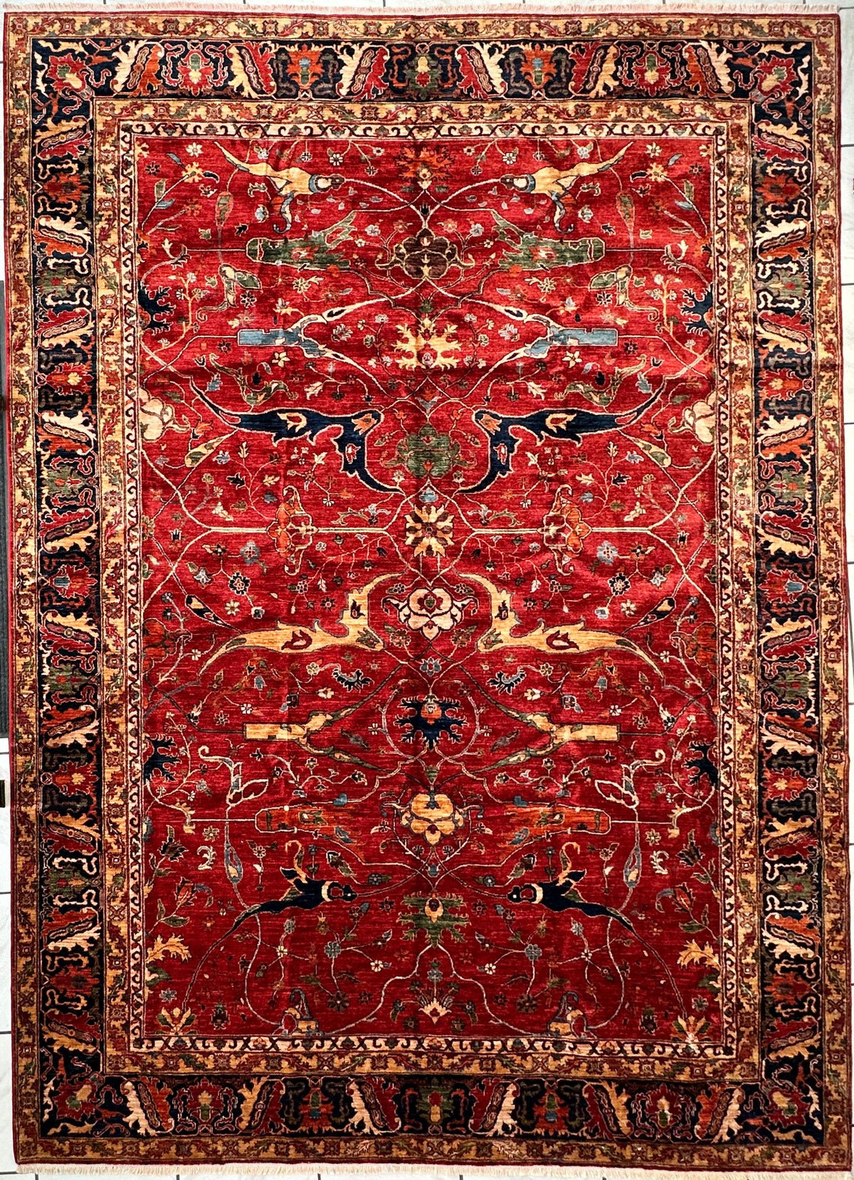 Hand-Knotted Afghani Bidjar Wool Rug – 9’x12’6” – Intricate Geometric & Floral Motifs