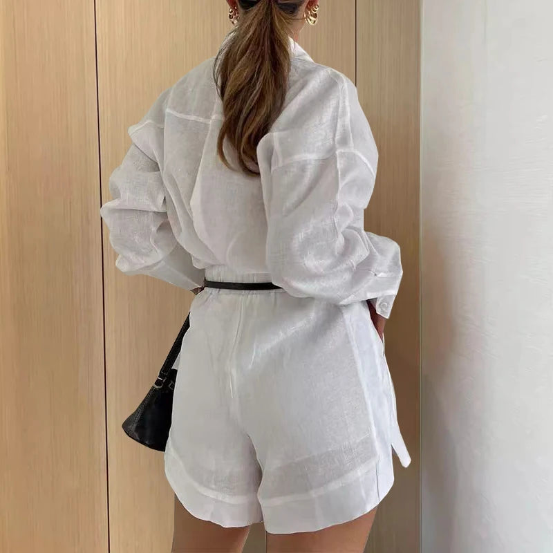 Women Long Sleeve 2 Pieces Sets Casual Simple Button Pockets Short Pant with Shirts Tops 2024 Summer Fashion Suit Female Outfits Quick Pick Grocers