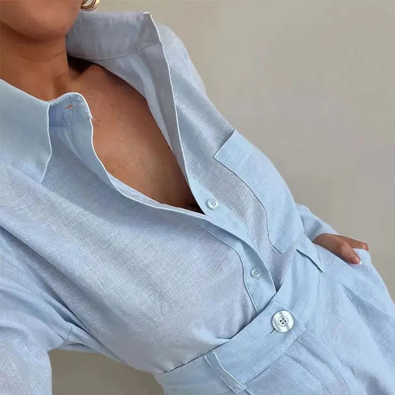 Women Long Sleeve 2 Pieces Sets Casual Simple Button Pockets Short Pant with Shirts Tops 2024 Summer Fashion Suit Female Outfits Quick Pick Grocers