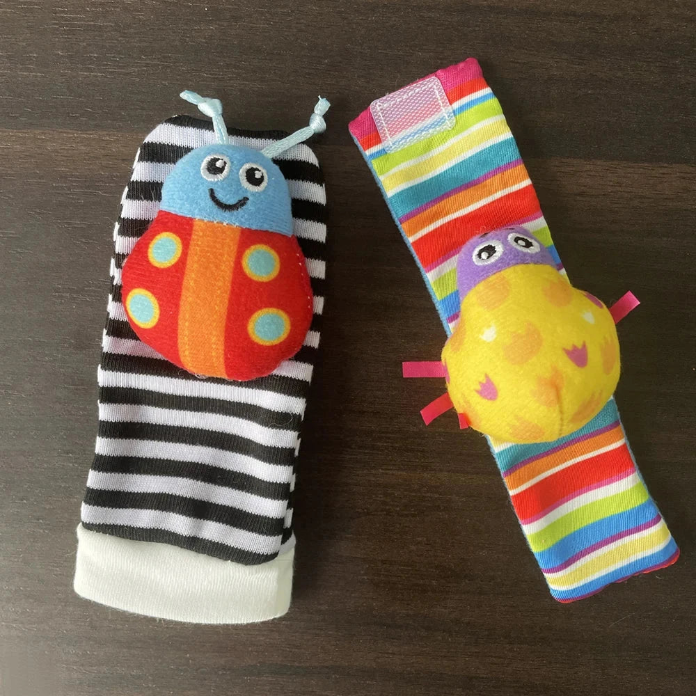 4Pcs Baby Toy 0-12 Months Baby Rattles Toys Animal Socks Wrist Strap + Rattle Baby Foot Socks Bug Wrist Strap Baby Socks New Econic Blanks