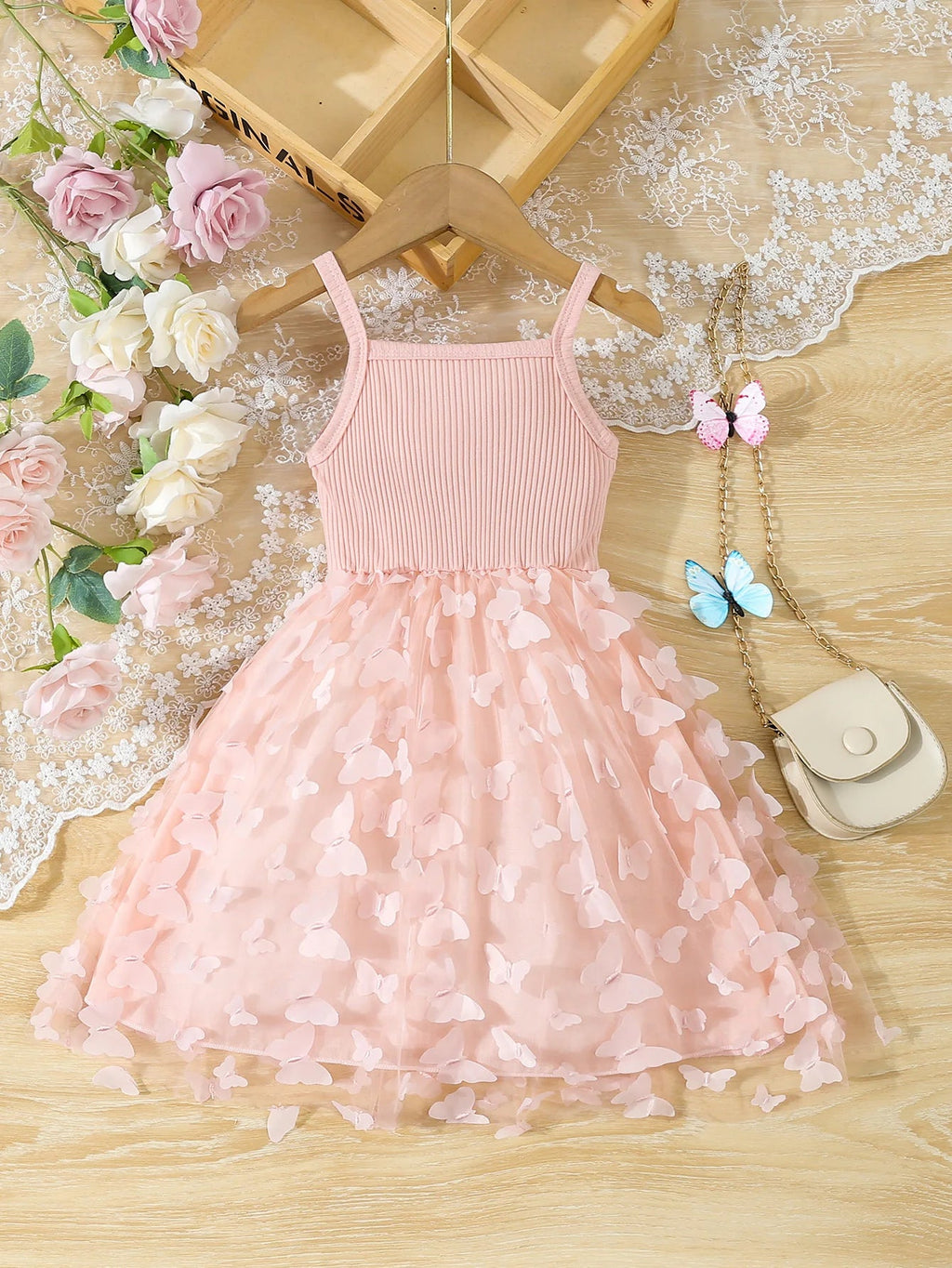 Summer Toddler  Kids  Girl's Clothes  Baby's Butterfly Decor Mesh Splicing Cami Dress Elegant Sleeveless Princess Dress Quick Pick Grocers