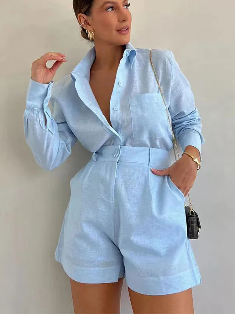 Women Long Sleeve 2 Pieces Sets Casual Simple Button Pockets Short Pant with Shirts Tops 2024 Summer Fashion Suit Female Outfits Quick Pick Grocers