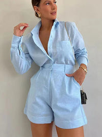 Women Long Sleeve 2 Pieces Sets Casual Simple Button Pockets Short Pant with Shirts Tops 2024 Summer Fashion Suit Female Outfits Quick Pick Grocers
