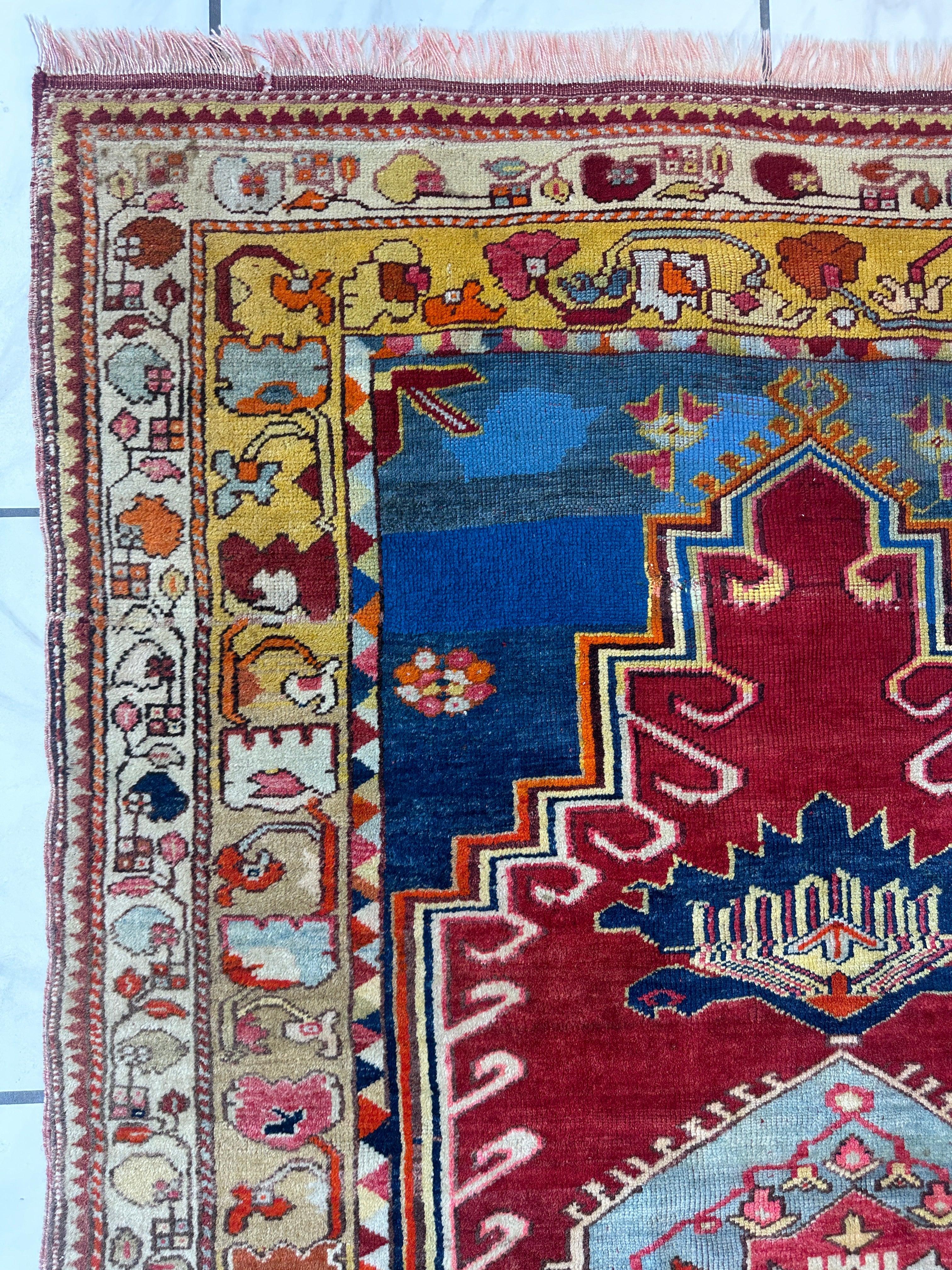 Hand-Knotted Antique Turkish Melas Wool Rug – 4'3" x 5'11" – Vibrant Geometric Motifs