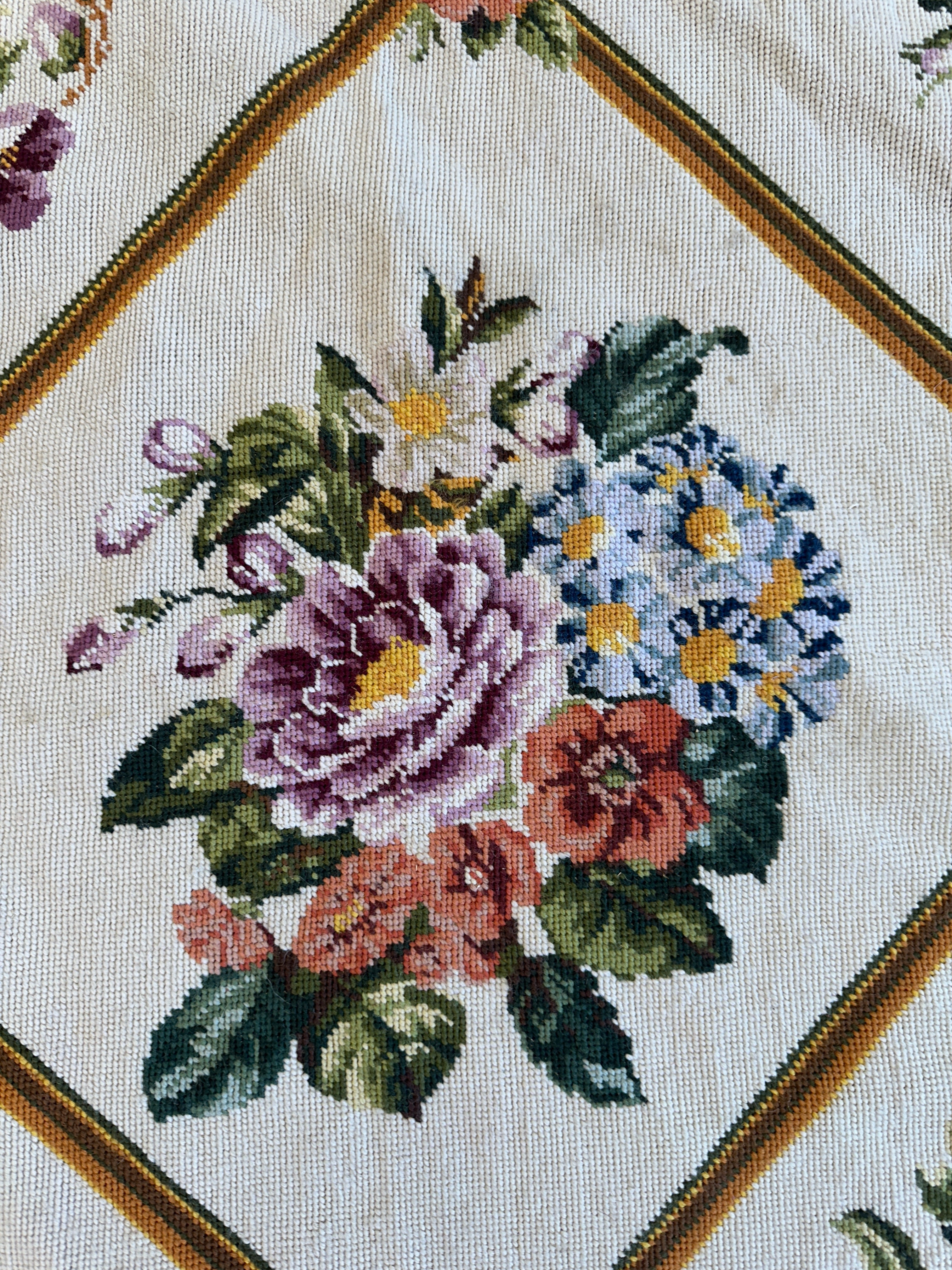 Handmade Needlepoint Floral Wool Rug – 9' 7" x 13' 5" – Vintage European Tapestry Style