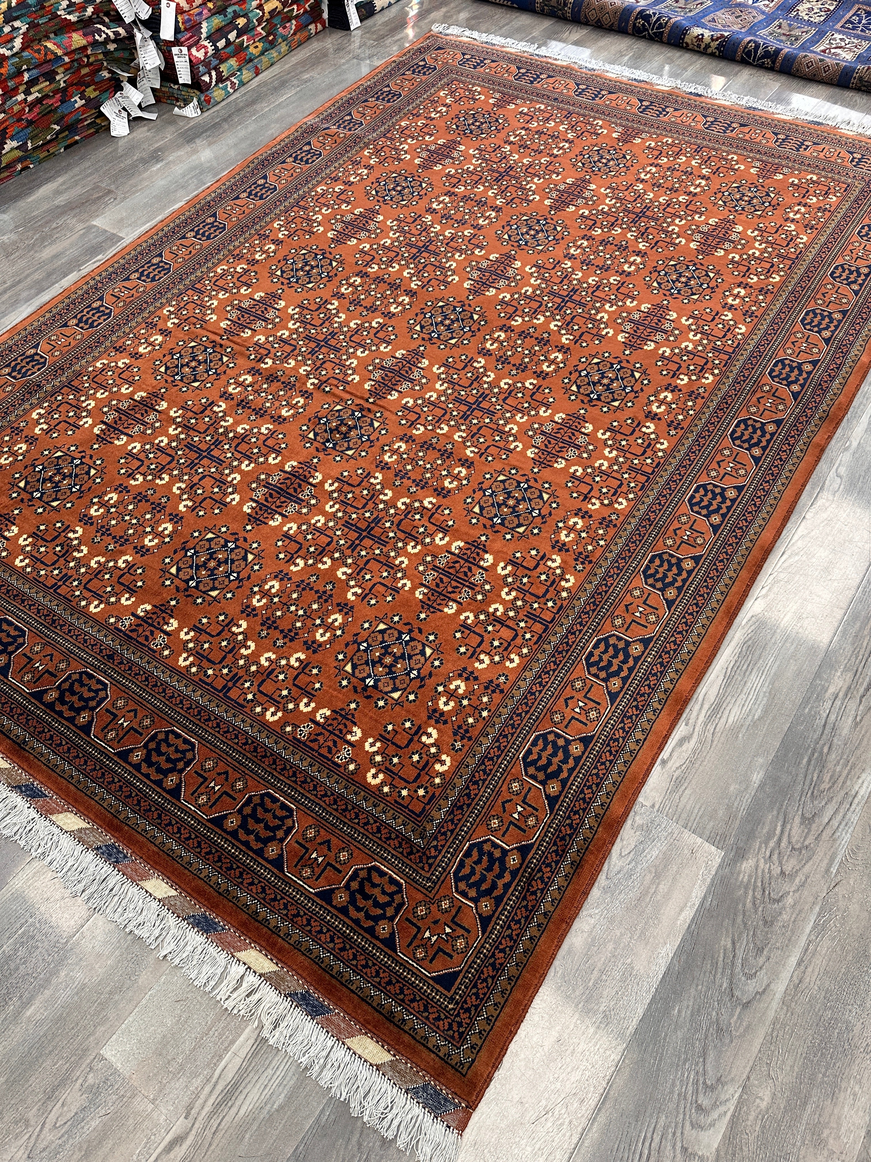 Hand-Knotted Afghani Bukharayi Rug | 6'7" x 10' Wool Area Carpet – Traditional Geometric Design