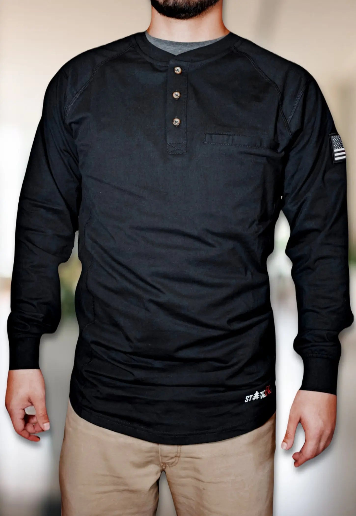 FR 3-Button Henley Shirt - Black Static FR