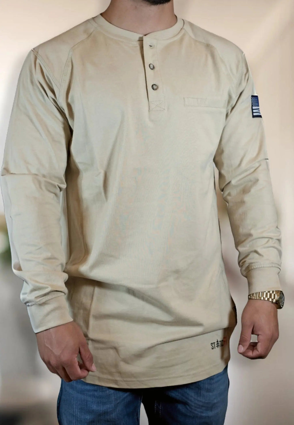FR 3-Button Henley Shirt - Tan Static FR