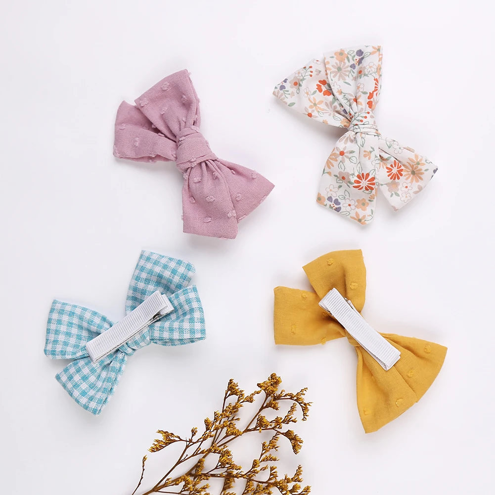 4Pcs/set Leopard Dot Print Bowknot Hair Bow Clips Baby Girls Lace Cotton Linen Barrettes Safety Hairpins Headwear Accessories Purest Peak