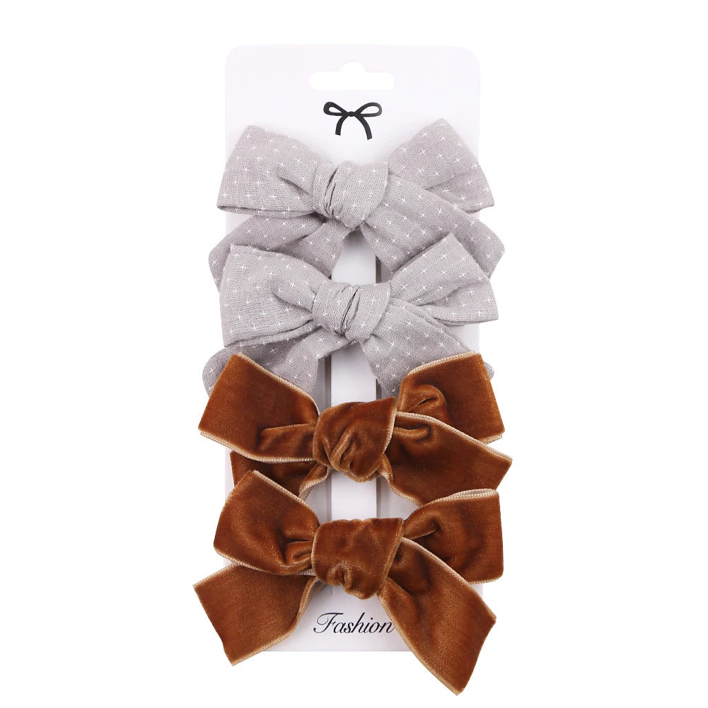 4Pcs/set Leopard Dot Print Bowknot Hair Bow Clips Baby Girls Lace Cotton Linen Barrettes Safety Hairpins Headwear Accessories Purest Peak