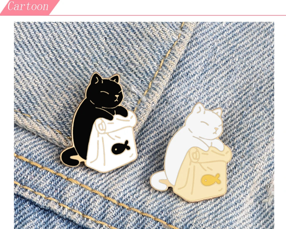 20 Styles Cute Cats collection Enamel Pins Dried Fish Bag Brooch Cartoon Animal Badges Denim Lapel Jewelry Gift for Kids Friends Quick Pick Grocers