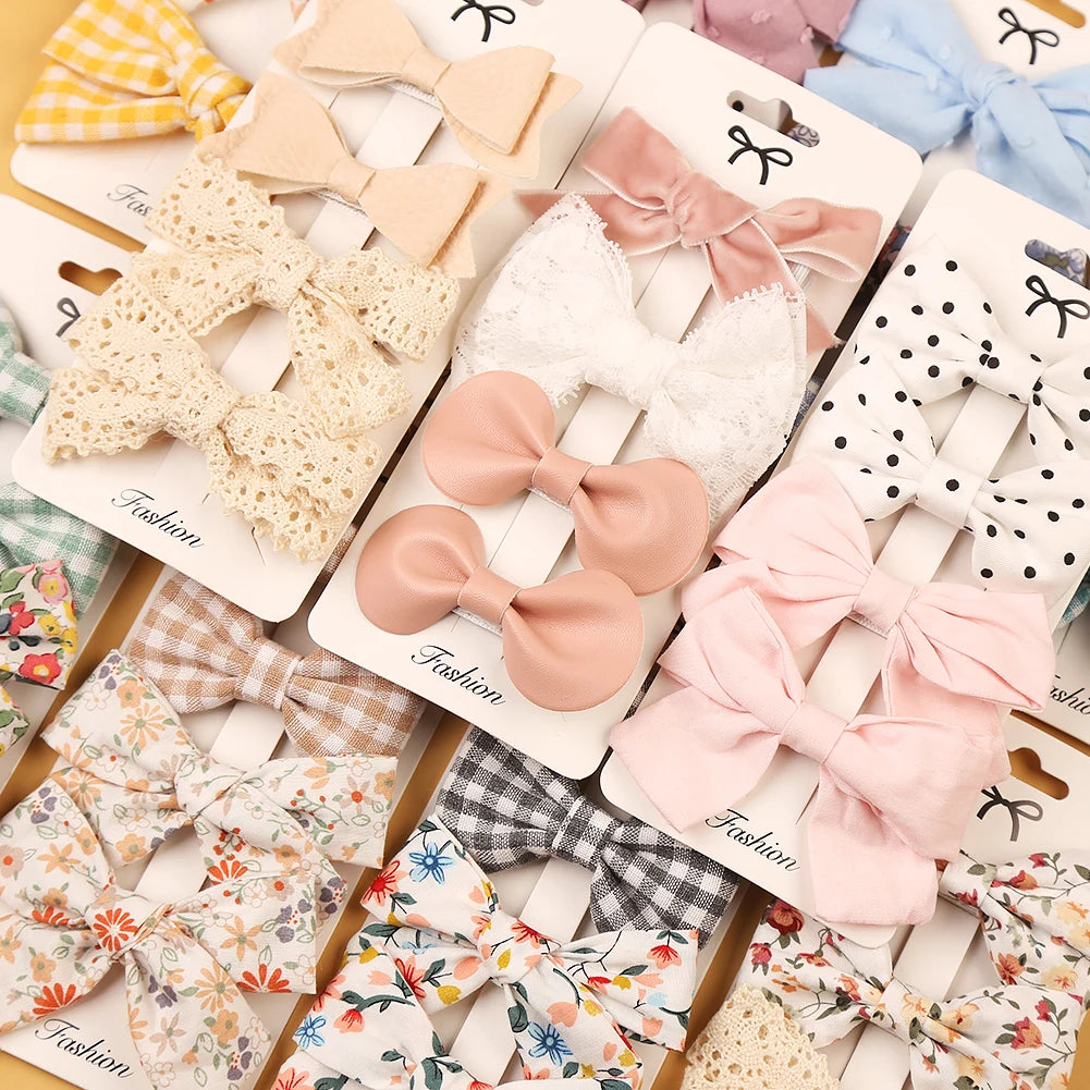 4Pcs/set Leopard Dot Print Bowknot Hair Bow Clips Baby Girls Lace Cotton Linen Barrettes Safety Hairpins Headwear Accessories Purest Peak