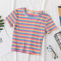 New T Shirt Women Rainbow Striped Tops Slim Fit t shirt Harajuku Tshirt Summer Short Sleeve Korean T-shirt feminina Clothes Tops Quick Pick Grocers