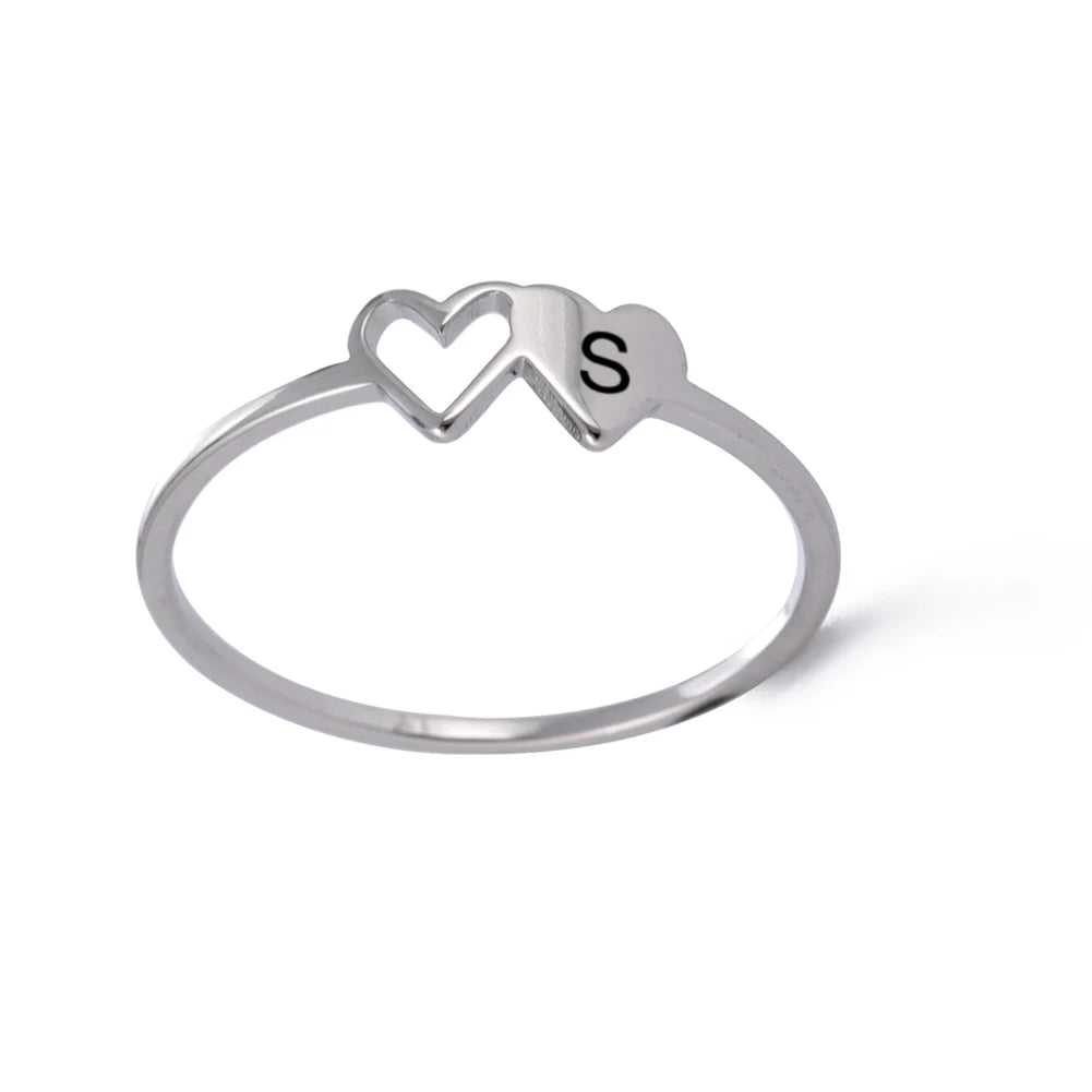 COOLTIME Initial Letter Ring for Women Stainless Steel A-Z Alphabet Double Heart Rings Simple Wedding Cheap Gift For Lover Quick Pick Grocers