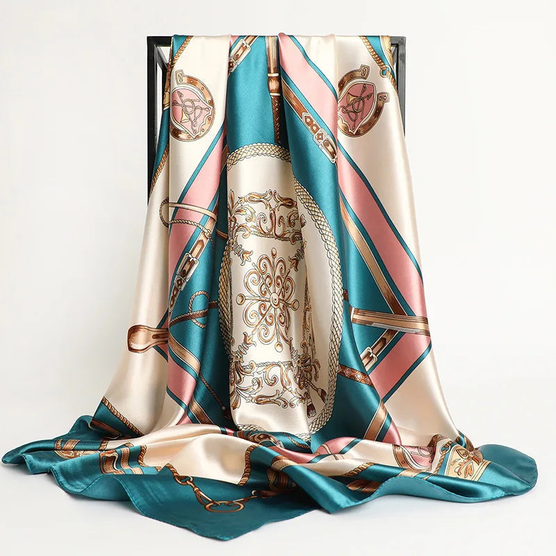 Handkerchiefs Hair Silk Scarf 90*90cm Print Satin Big Square Silk Scarves Shawls for Women Luxury Brand Designer Hijab Headband Quick Pick Grocers