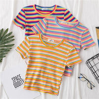 New T Shirt Women Rainbow Striped Tops Slim Fit t shirt Harajuku Tshirt Summer Short Sleeve Korean T-shirt feminina Clothes Tops Quick Pick Grocers