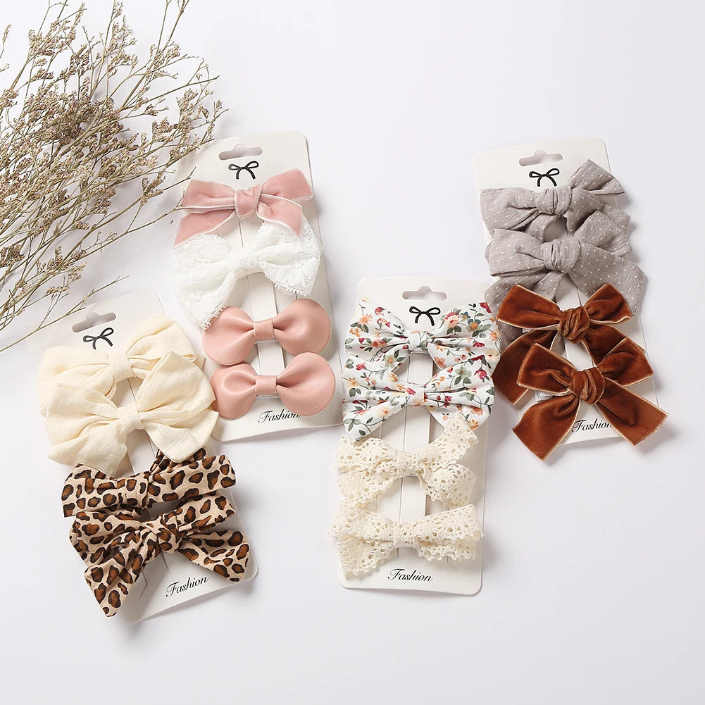 4Pcs/set Leopard Dot Print Bowknot Hair Bow Clips Baby Girls Lace Cotton Linen Barrettes Safety Hairpins Headwear Accessories Purest Peak