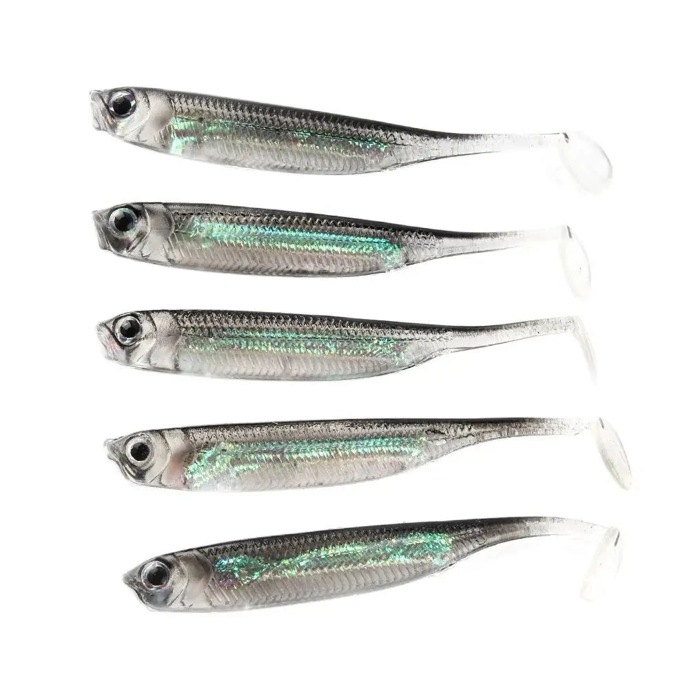 5Pcs/lot Fishing Soft Bait 7CM 7.5CM 1.7G 2.3G 2.7G T Tail fish Fishing Lures Rainbow Color Sequin Swing Fishing Spinner Bait Econic Blanks