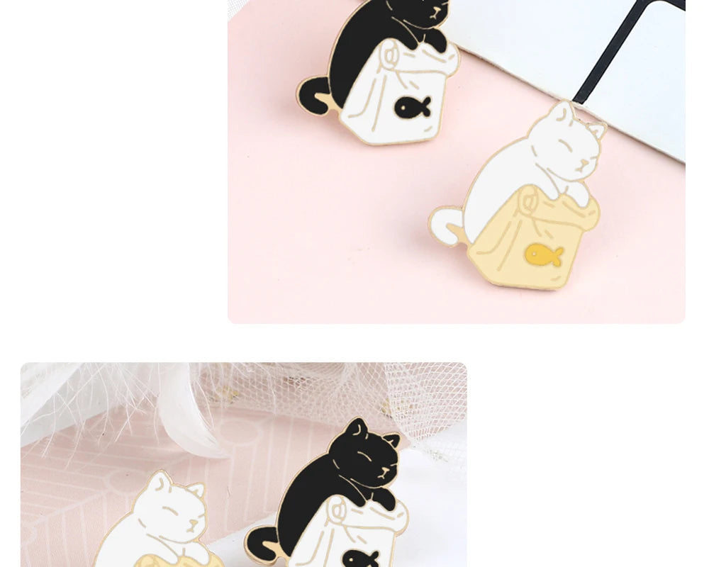 20 Styles Cute Cats collection Enamel Pins Dried Fish Bag Brooch Cartoon Animal Badges Denim Lapel Jewelry Gift for Kids Friends Quick Pick Grocers