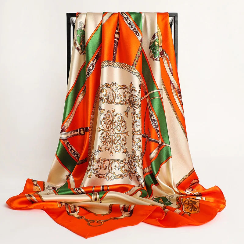 Handkerchiefs Hair Silk Scarf 90*90cm Print Satin Big Square Silk Scarves Shawls for Women Luxury Brand Designer Hijab Headband Quick Pick Grocers