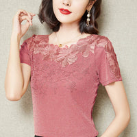 M-5XL Women T-Shirt 2026 New Lace Hollow Embroidery Mesh Tees Tops Fashion Casual Short Sleeve Hot Drilling Women's Shirt Quick Pick Grocers