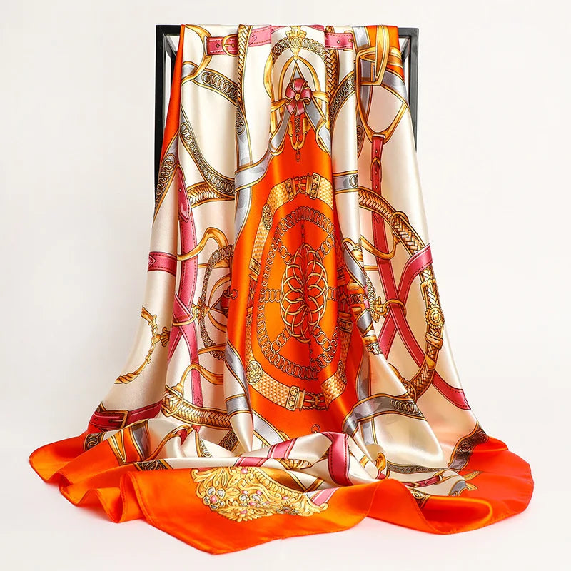 Handkerchiefs Hair Silk Scarf 90*90cm Print Satin Big Square Silk Scarves Shawls for Women Luxury Brand Designer Hijab Headband Quick Pick Grocers