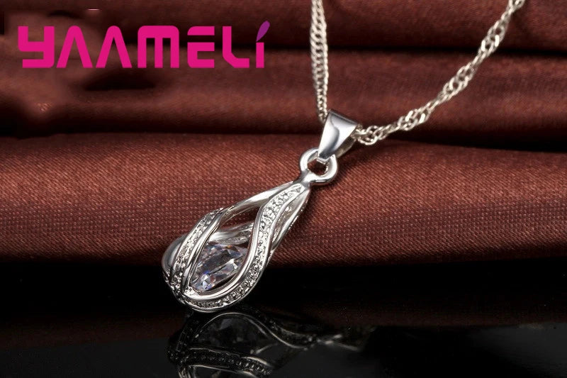 Hot Water Drop CZ 925 Sterling Silver Plated Jewelry Set For Women Pendant Necklace Hoop Earrings Wedding Party Ceremoey Anel Quick Pick Grocers