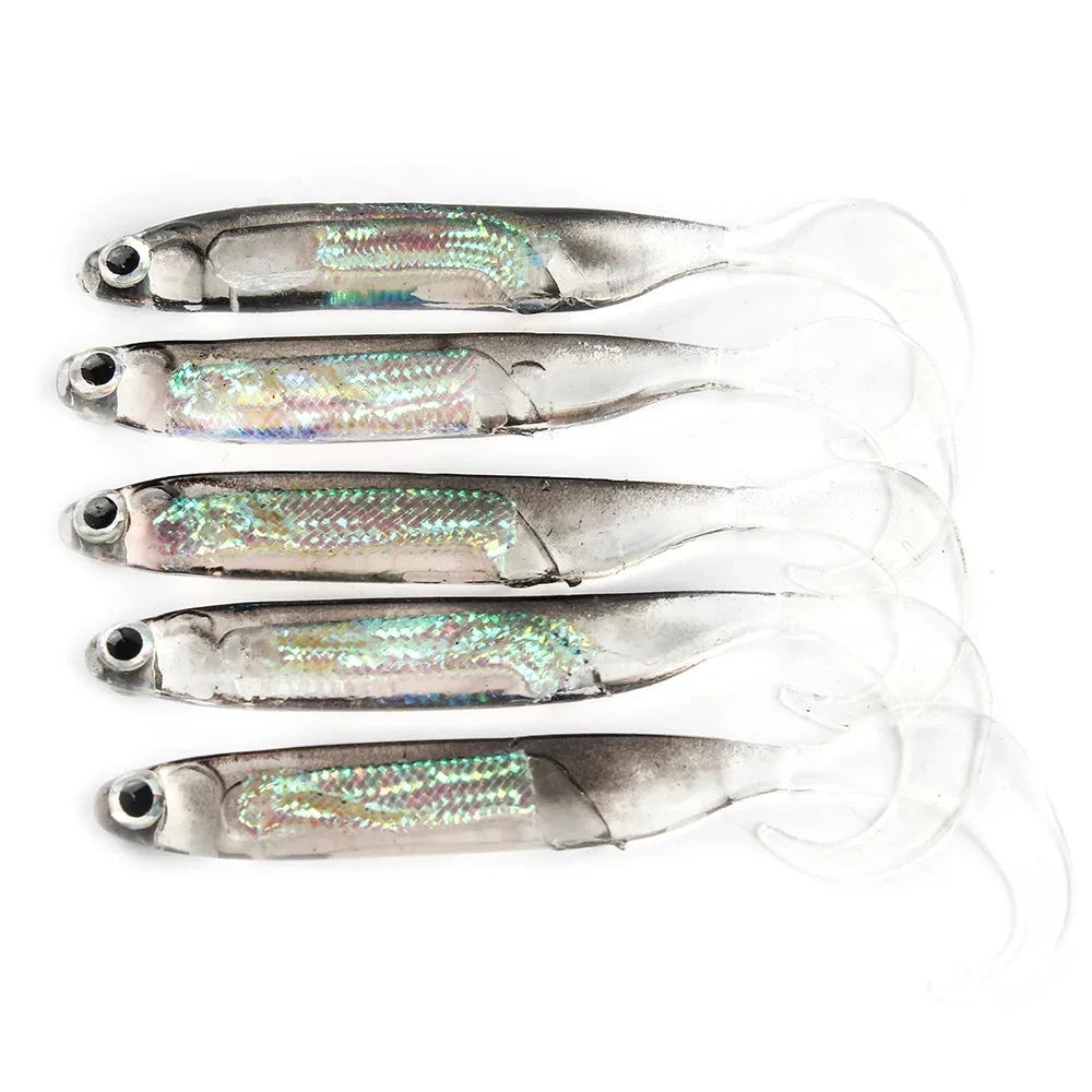 5Pcs/lot Fishing Soft Bait 7CM 7.5CM 1.7G 2.3G 2.7G T Tail fish Fishing Lures Rainbow Color Sequin Swing Fishing Spinner Bait Econic Blanks