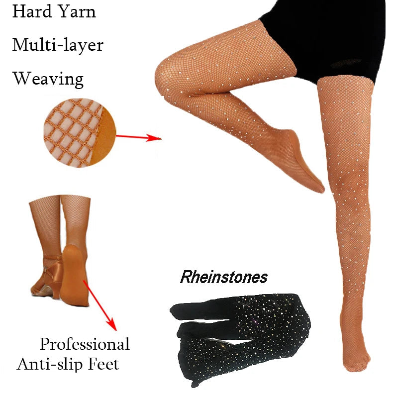 Rhinestones Latin Tights Women Professional Fishnet Tights Ballroom&Latin Dance Hard Yarn Elastic Latin Stockings Pantyhose Quick Pick Grocers