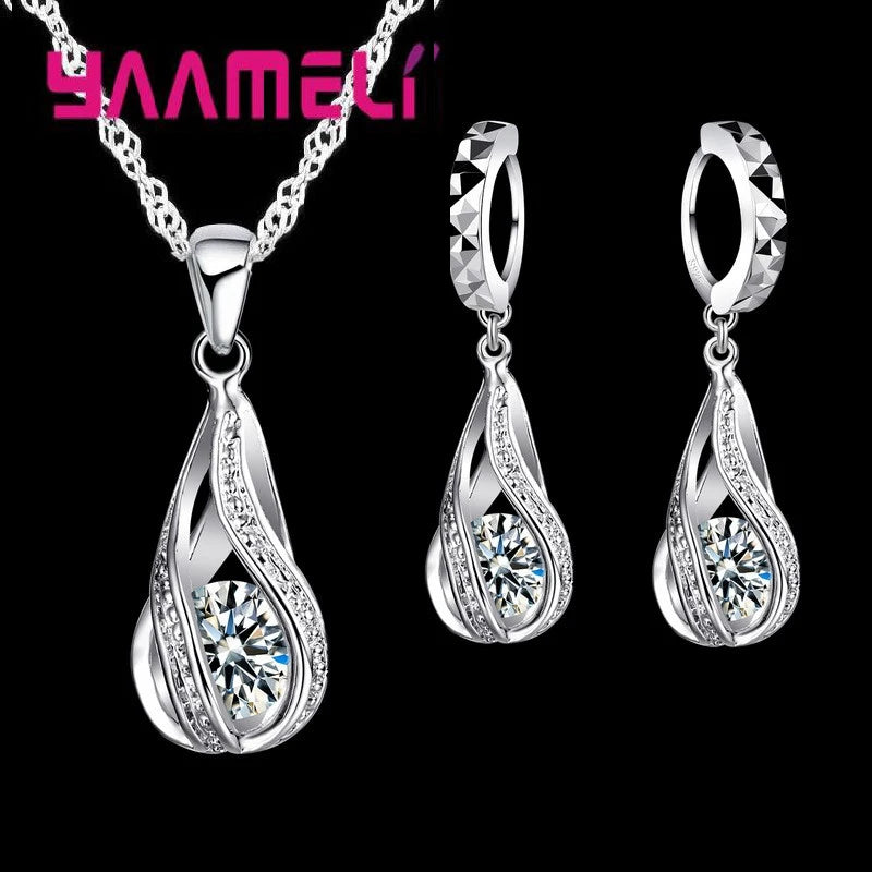 Hot Water Drop CZ 925 Sterling Silver Plated Jewelry Set For Women Pendant Necklace Hoop Earrings Wedding Party Ceremoey Anel Quick Pick Grocers