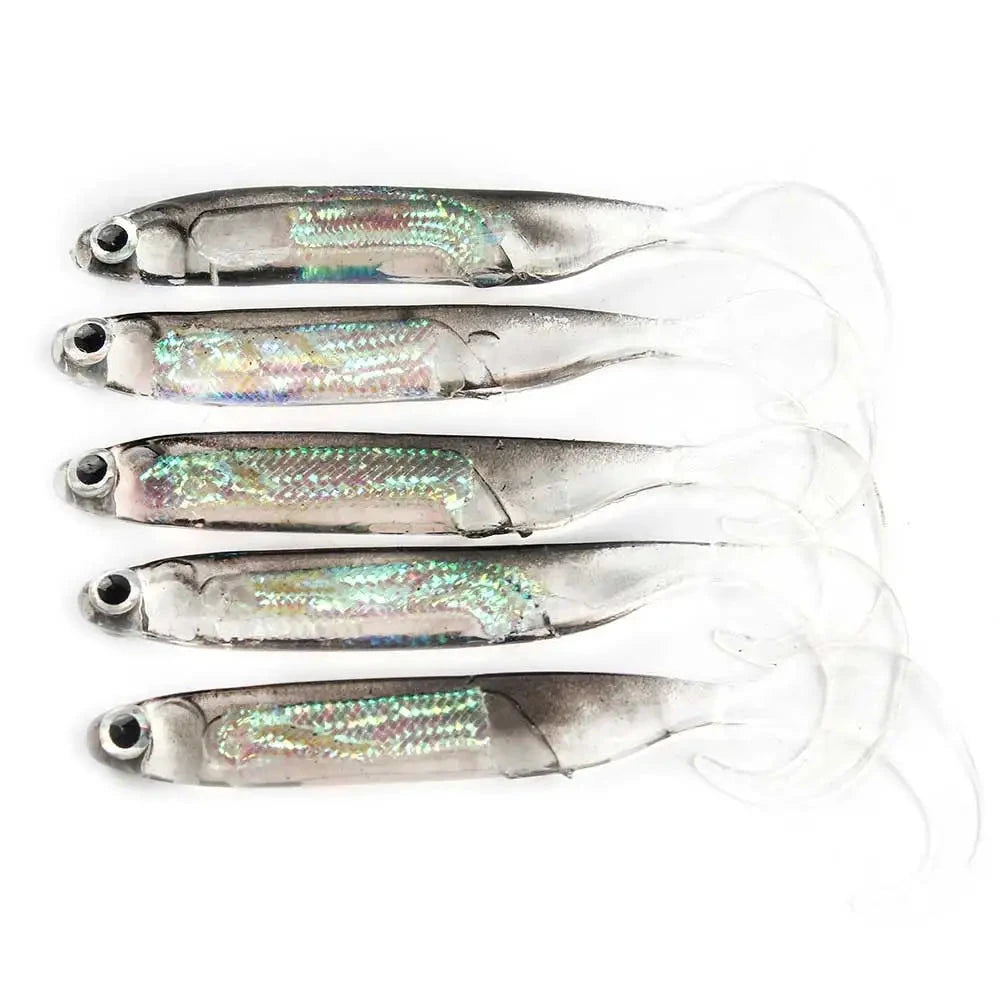 5Pcs/lot Fishing Soft Bait 7CM 7.5CM 1.7G 2.3G 2.7G T Tail fish Fishing Lures Rainbow Color Sequin Swing Fishing Spinner Bait Econic Blanks