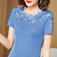 M-5XL Women T-Shirt 2026 New Lace Hollow Embroidery Mesh Tees Tops Fashion Casual Short Sleeve Hot Drilling Women's Shirt Quick Pick Grocers