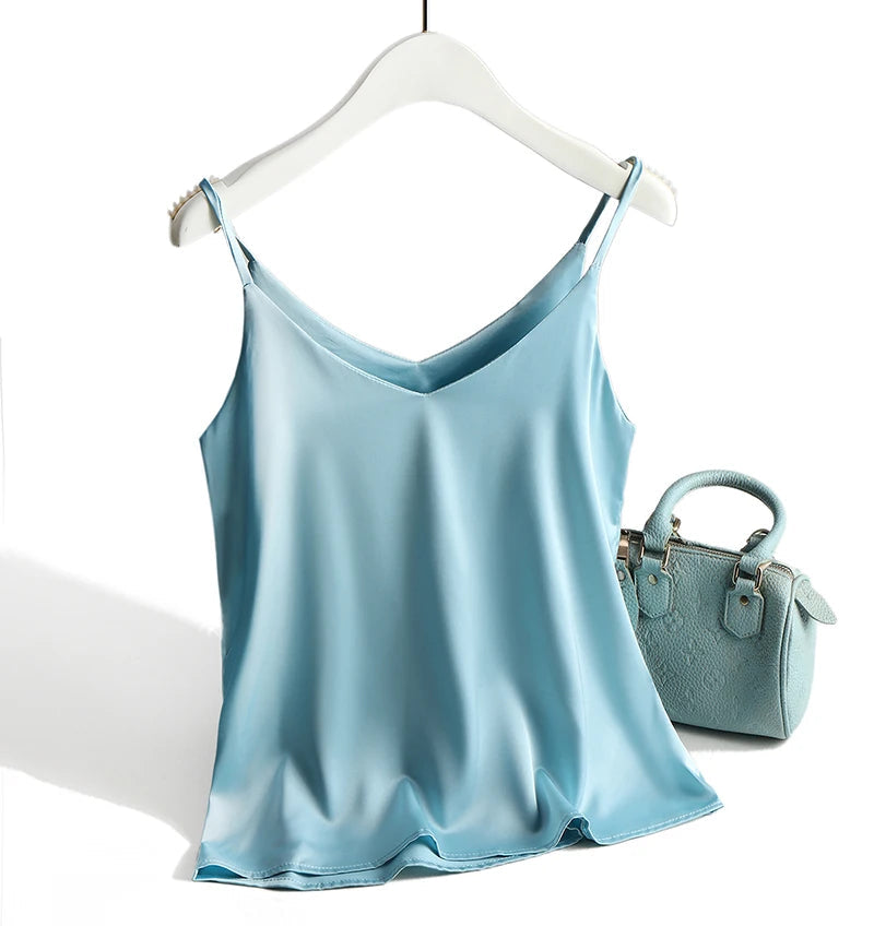 AOSSVIAO 2026 Spaghetti Strap Top Women Halter V Neck Basic White Cami Sleeveless Satin Silk Tank Tops Women'S Summer Camisole Quick Pick Grocers
