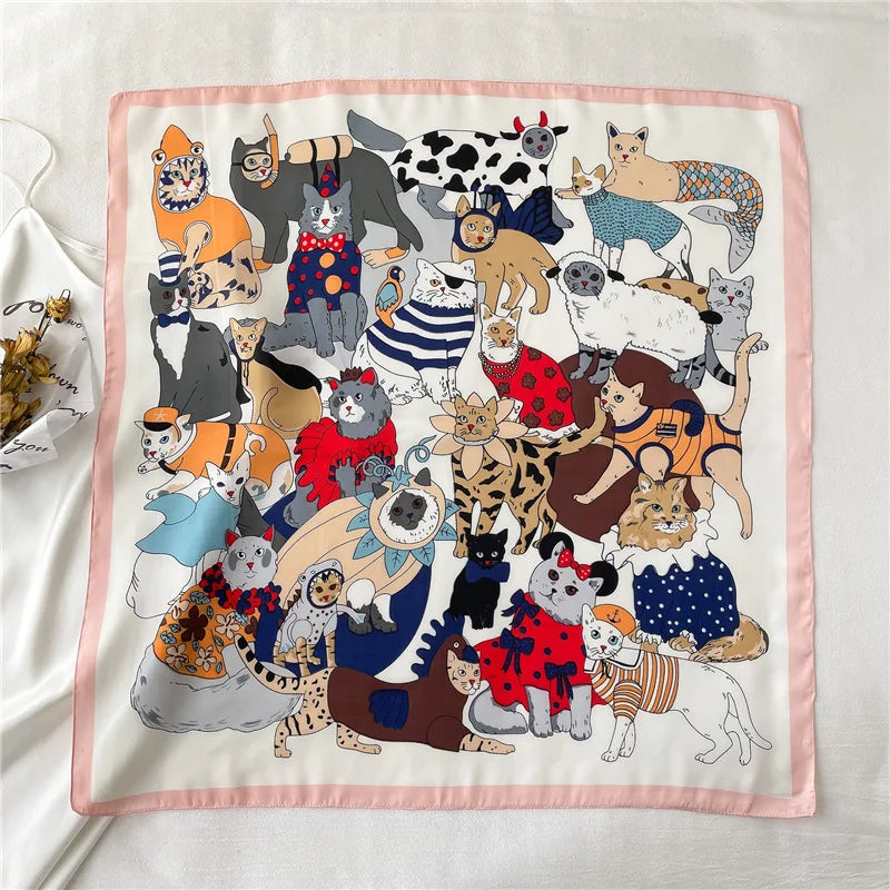 2025 Silk Shawl Print Headscarf Cat Hair Wrap Neckerchief Female Satin Square Scarf For Women Headband Foulard Hijab Bandana Quick Pick Grocers