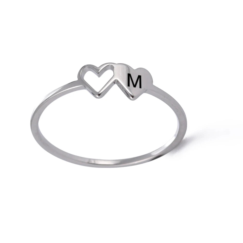 COOLTIME Initial Letter Ring for Women Stainless Steel A-Z Alphabet Double Heart Rings Simple Wedding Cheap Gift For Lover Quick Pick Grocers