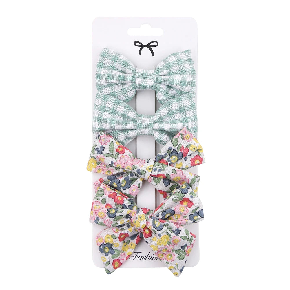 4Pcs/set Leopard Dot Print Bowknot Hair Bow Clips Baby Girls Lace Cotton Linen Barrettes Safety Hairpins Headwear Accessories Purest Peak