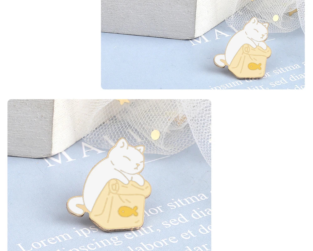 20 Styles Cute Cats collection Enamel Pins Dried Fish Bag Brooch Cartoon Animal Badges Denim Lapel Jewelry Gift for Kids Friends Quick Pick Grocers