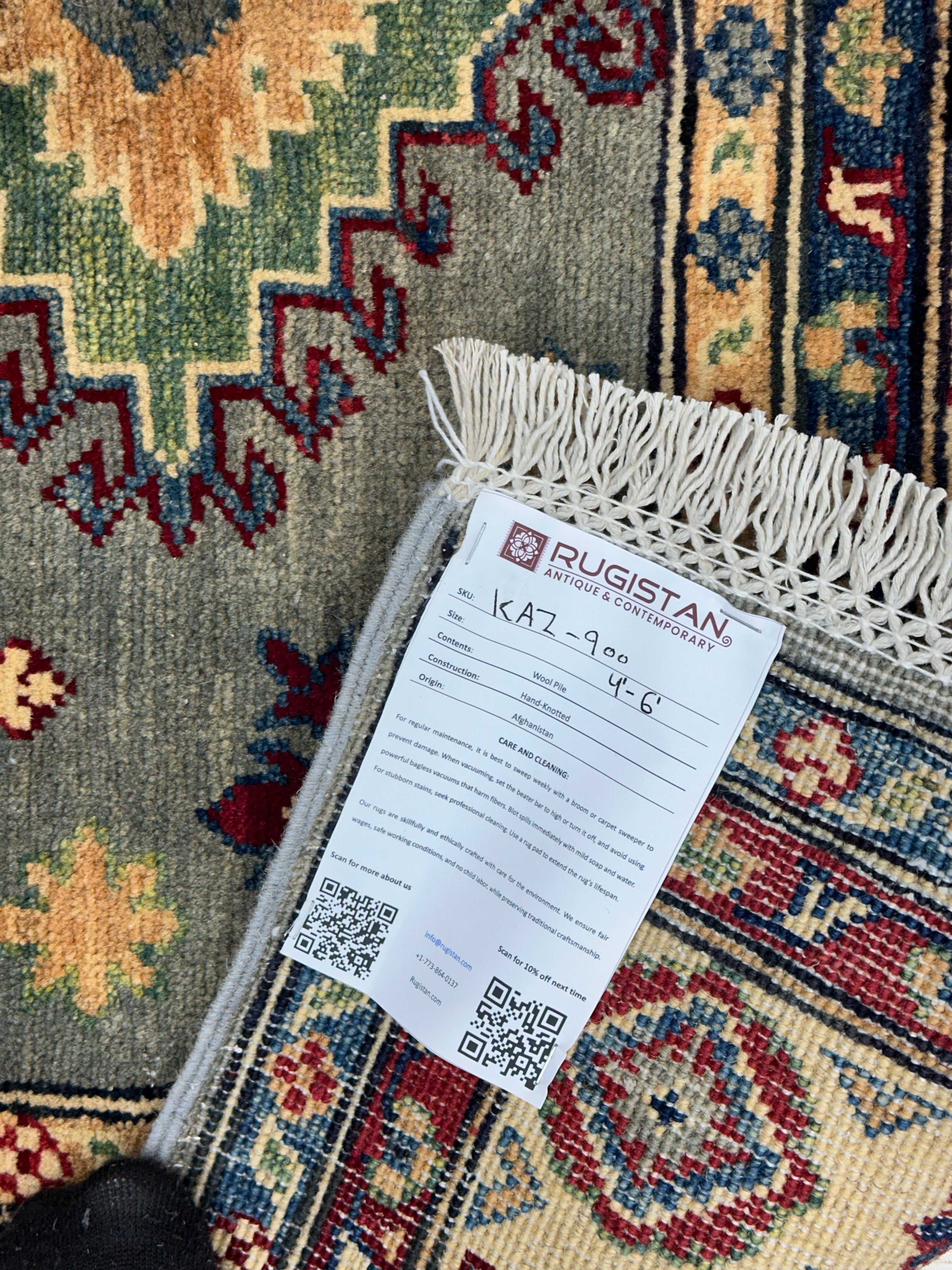 Hand-Knotted Afghani Kazak Wool Rug – 4’ x  6’