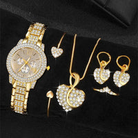 Women's Quartz Watch Gold Luxury Women Ring Necklace Earring Rhinestone Fashion Wristwatch Casual Ladies Watches Jewelry Set Quick Pick Grocers