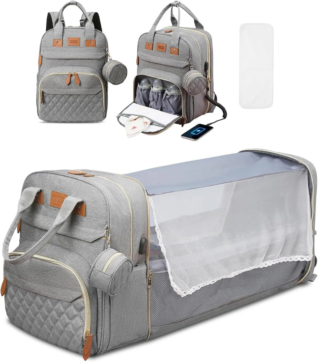 3 In 1 Diaper Bag Backpack Foldable Baby Bed Waterproof Travel Bag with USB Charge Diaper Bag Backpack with Changing Bed 3 types Purest Peak