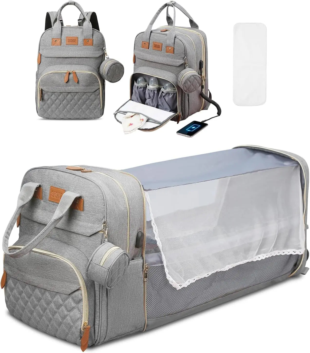 3 In 1 Diaper Bag Backpack Foldable Baby Bed Waterproof Travel Bag with USB Charge Diaper Bag Backpack with Changing Bed 3 types Purest Peak