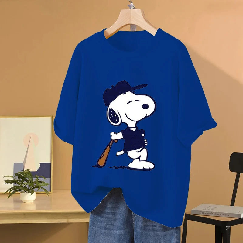 Snoopy Baseball Cartoon Anime Women T-shirt Summer Short Sleeve 100% Cotton Men Tee Shirts Tops 2025 New Fashion Couple Clothes Quick Pick Grocers