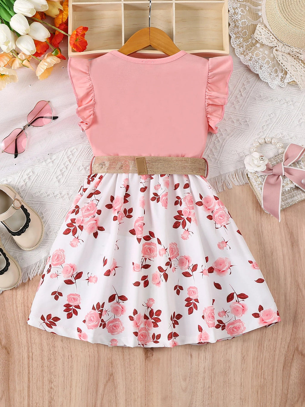 Girl's casual romantic floral print with ruffled edges and small flying sleeves, waist cinching dress (including belt), summer Quick Pick Grocers