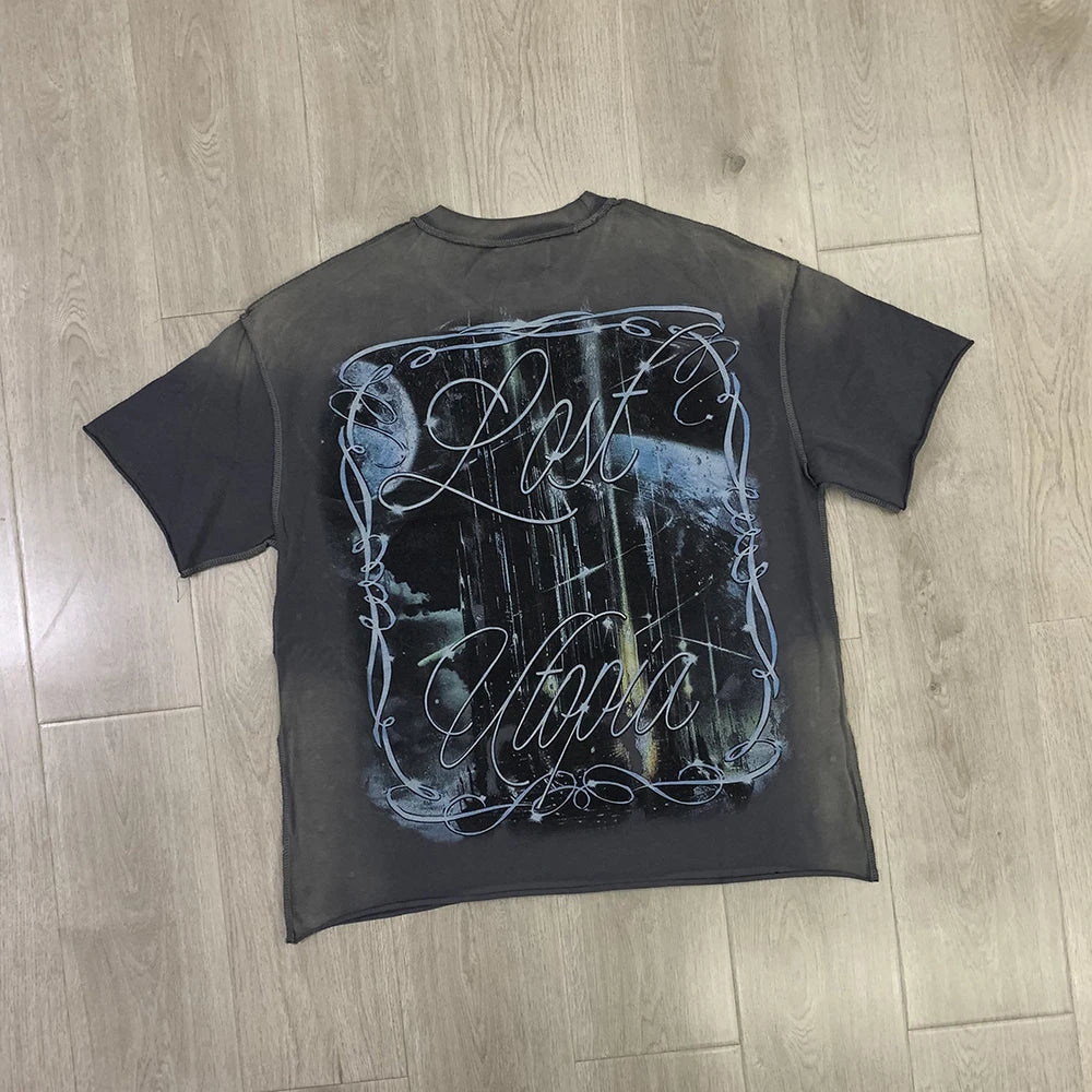 Streetwear Vintage Washed Diamond Cropped Tee for Men Crew Neck Short Sleeve Loose Cotton Rhineston Tshirts Oversized Quick Pick Grocers