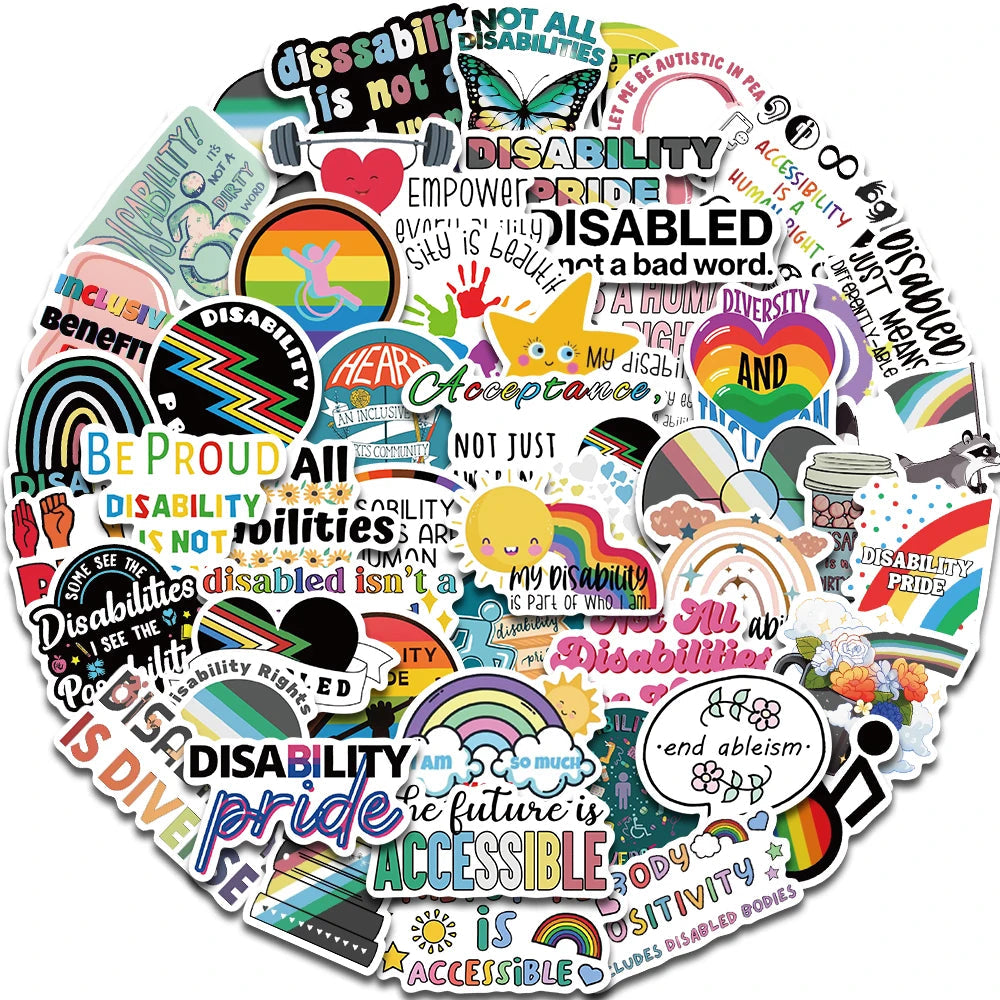 50PCS Disability Pride Stickers Colorful Friendly Inspirational Cartoon Stickers Stationery Mobile Phones Notebooks Decorative Quick Pick Grocers