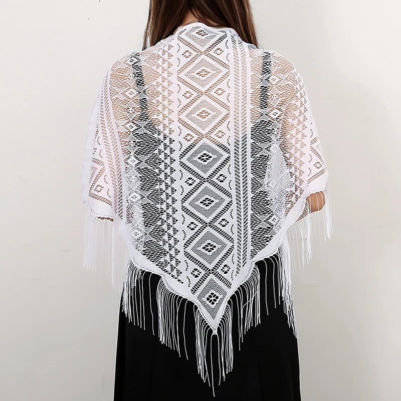 Fashion Lace Hollow Tassel Triangle Scarf Embrodiery Women Headscarf Female Spring Summer Shawls Scarves Long Veil Floral Scarf Quick Pick Grocers