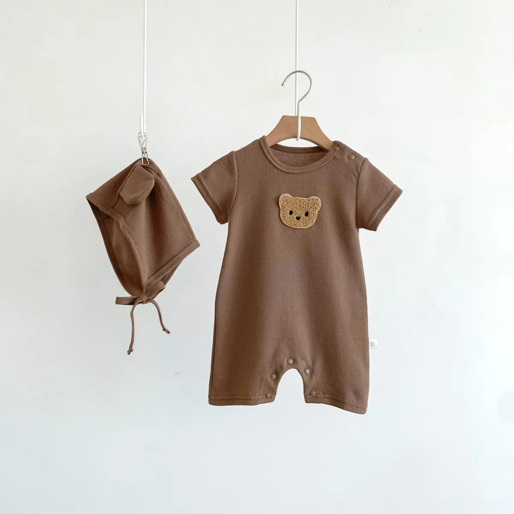 New In Summer Kids Baby Girls Boys Short Sleeve Waffle Patch Bear Infant Newborn Jumpsuits Cotton Romper Gift Hat with Ear Econic Blanks