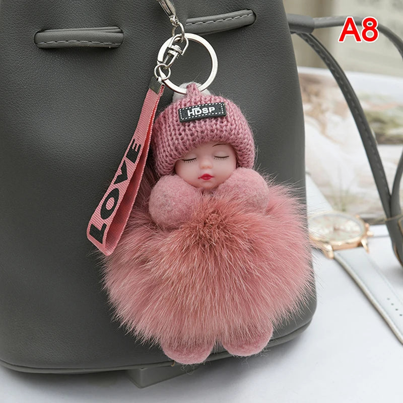 Pompom Sleeping Baby Keychain Cute Fluffy Plush Doll Keyholder Women Girl Bags Keyrings Cars Key Ring Gift Charming Decoration Quick Pick Grocers